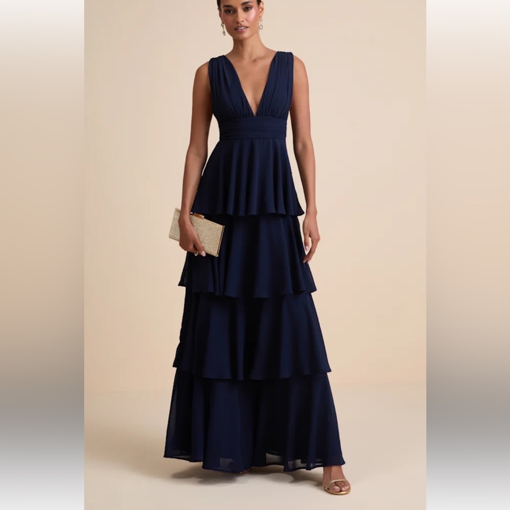 Lulu’s Celebration time Navy blue Tiered Double V Neck Sleeveless Maxi Dress NEW